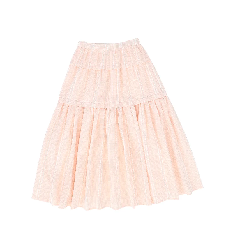 Basic Comfort C-17419-Checked Tiered Skirt -Pink