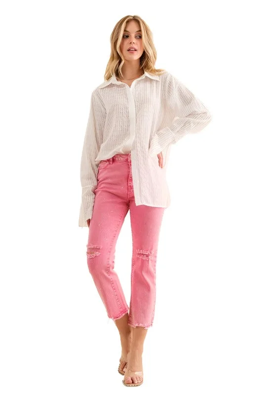 Relaxed Fit Studded Rhinestone Distressed Denim Jeans