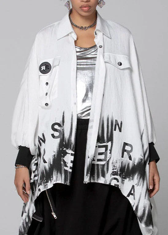 Relaxed Fit Loose White Asymmetrical Graphic Peter Pan Collar Blouses Spring