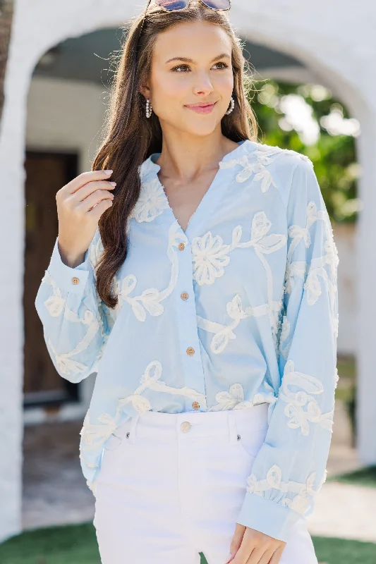 Weekend Wear Leave It All Light Blue Embroidered Blouse