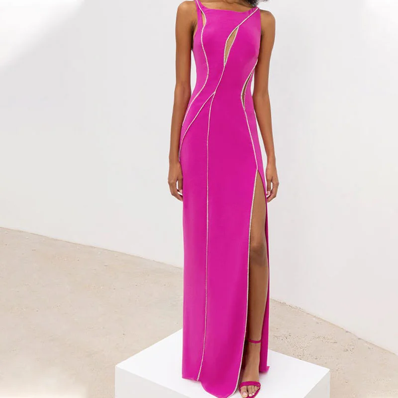 Relaxed Fashion Sparkly Rhinestone Embellished Mesh Spliced Split Thigh Bandage Maxi Evening Dress Relaxed Fashion Sparkly Rhinestone Embellished Mesh Spliced Split Thigh Bandage Maxi Evening Dress