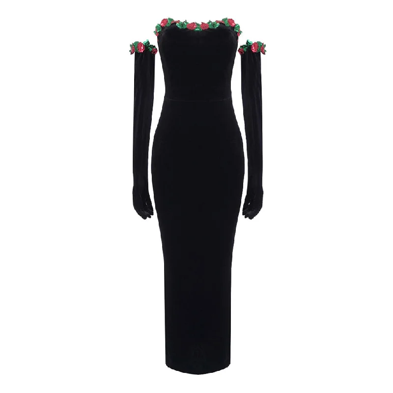 Comfortable Tops Vintage Sequined Floral Opera Sleeve Strapless Velvet Bodycon Maxi Dress Comfortable Tops Vintage Sequined Floral Opera Sleeve Strapless Velvet Bodycon Maxi Dress