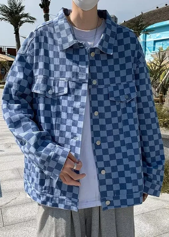 Sporty Wear New Blue Plaid Button Pockets Denim Mens Coats Spring