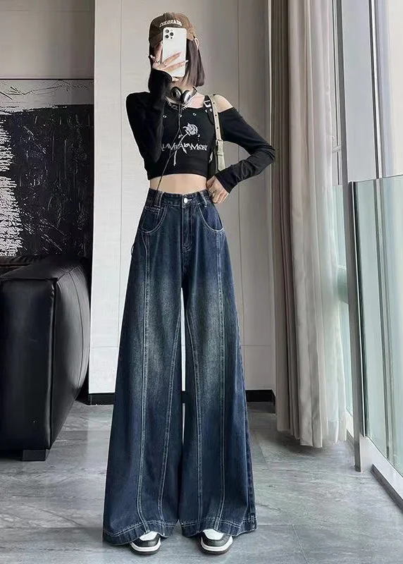 Elegant Fit New Blue High Waist Patchwork Denim Wide Leg Pants Spring