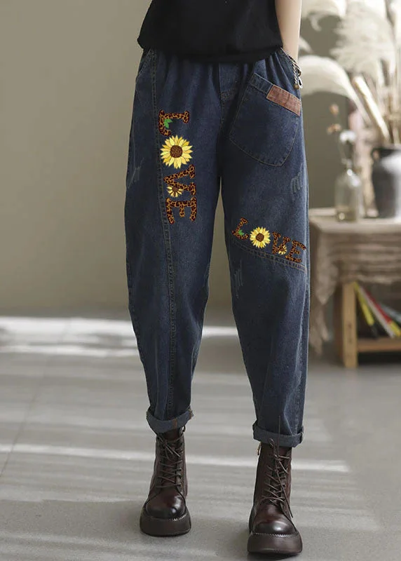 Versatile Comfort Natural blue-yellow love elastic waist Pockets denim Pants Spring