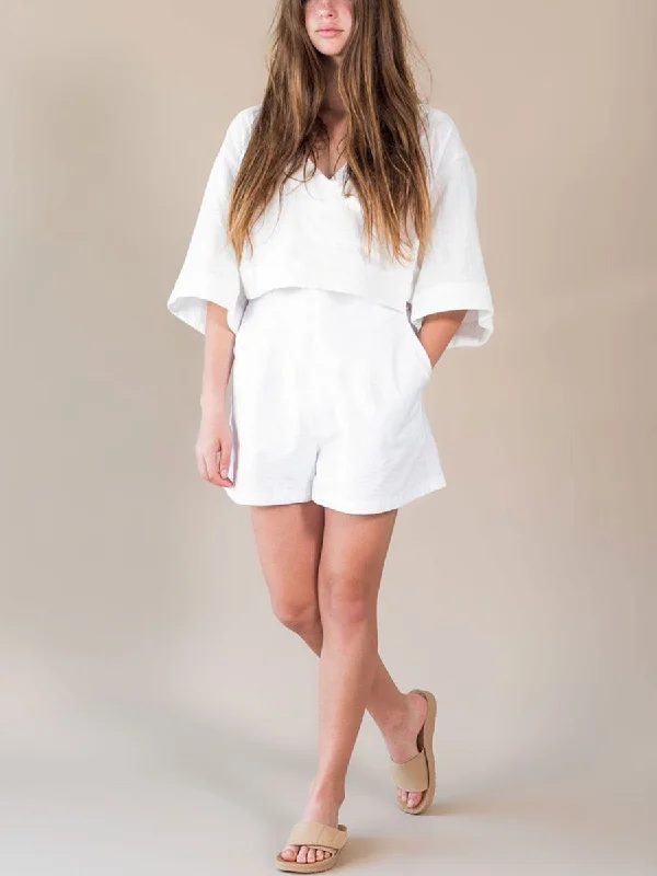 Stylish Jackets Simple Casual Loose V Neck Top Shorts Set