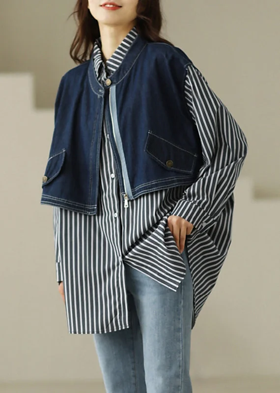 Comfortable Jackets Loose Peter Pan Collar Button Striped Patchwork Fake Two Piece Denim Cotton Shirt Long Sleeve Comfortable Jackets Loose Peter Pan Collar Button Striped Patchwork Fake Two Piece Denim Cotton Shirt Long Sleeve
