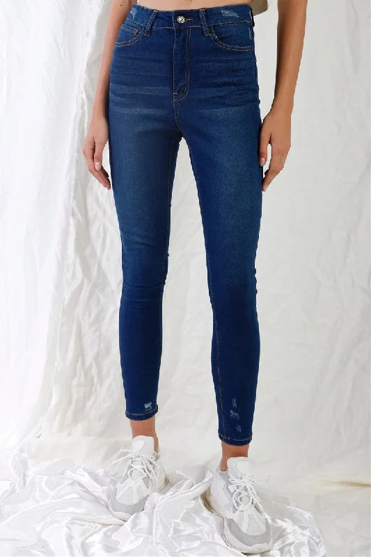 Stylish Wear Dark Blue High-waisted With Rips Skinny Denim Jeans