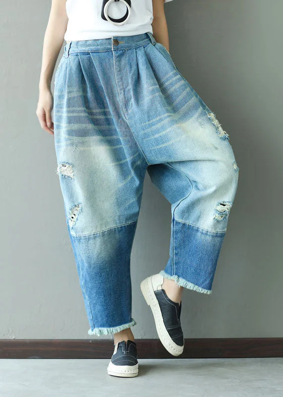 Effortless Dressing Art Light Blue Tasseled Pockets Patchwork Denim Pants Spring
