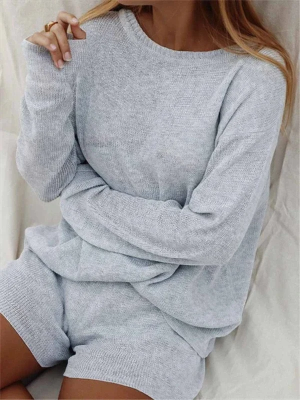 Chic Outfits Casual Loose Long-Sleeved Top Shorts Knitted Suit