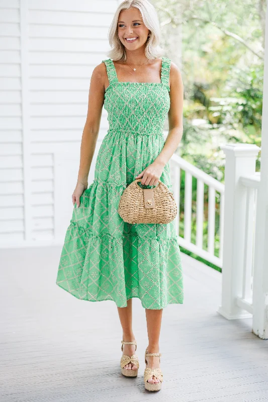 Trendy Dresses Here To Stay Green Eyelet Midi Dress