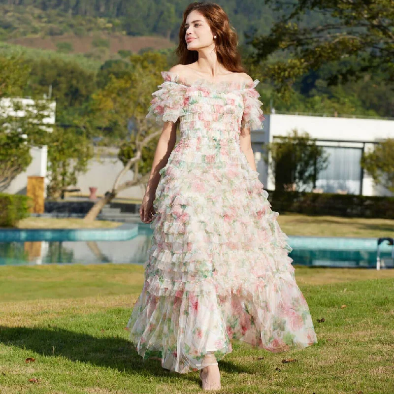 Effortless Elegance Sweet Floral Print Off Shoulder Short Sleeve Ruffle Tier Layered Tulle Maxi Dress Effortless Elegance Sweet Floral Print Off Shoulder Short Sleeve Ruffle Tier Layered Tulle Maxi Dress