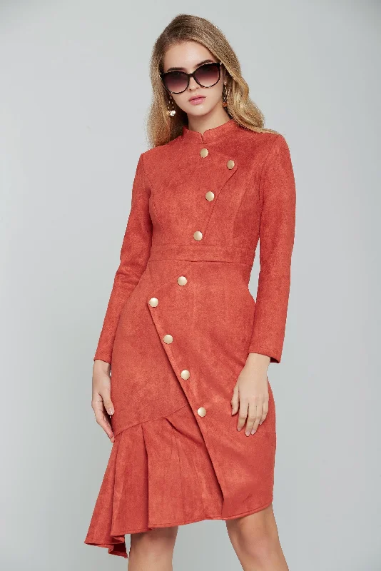 Lounge Chic Mandarin Orange Gold Button-up Midi Dress