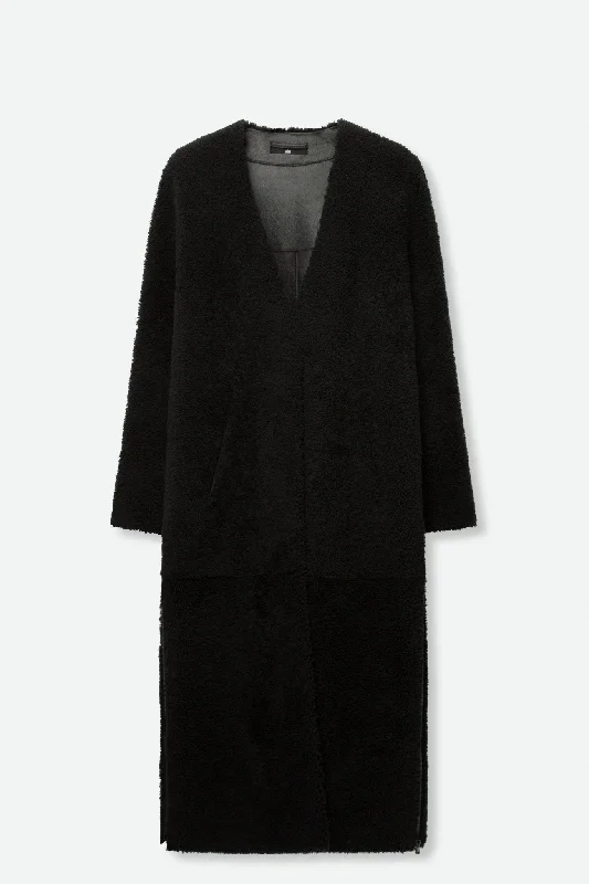 Elegant Wear SHEARLING LONG COAT WITH SIDE VENT ZIP