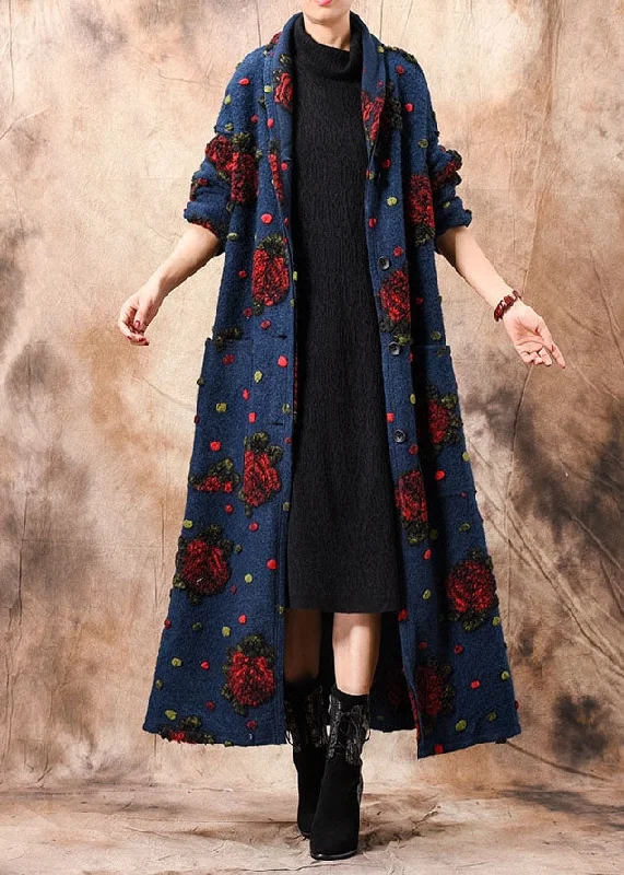 Fashion Comfort Chic Blue Button Jacquard Floral Winter woolen coats