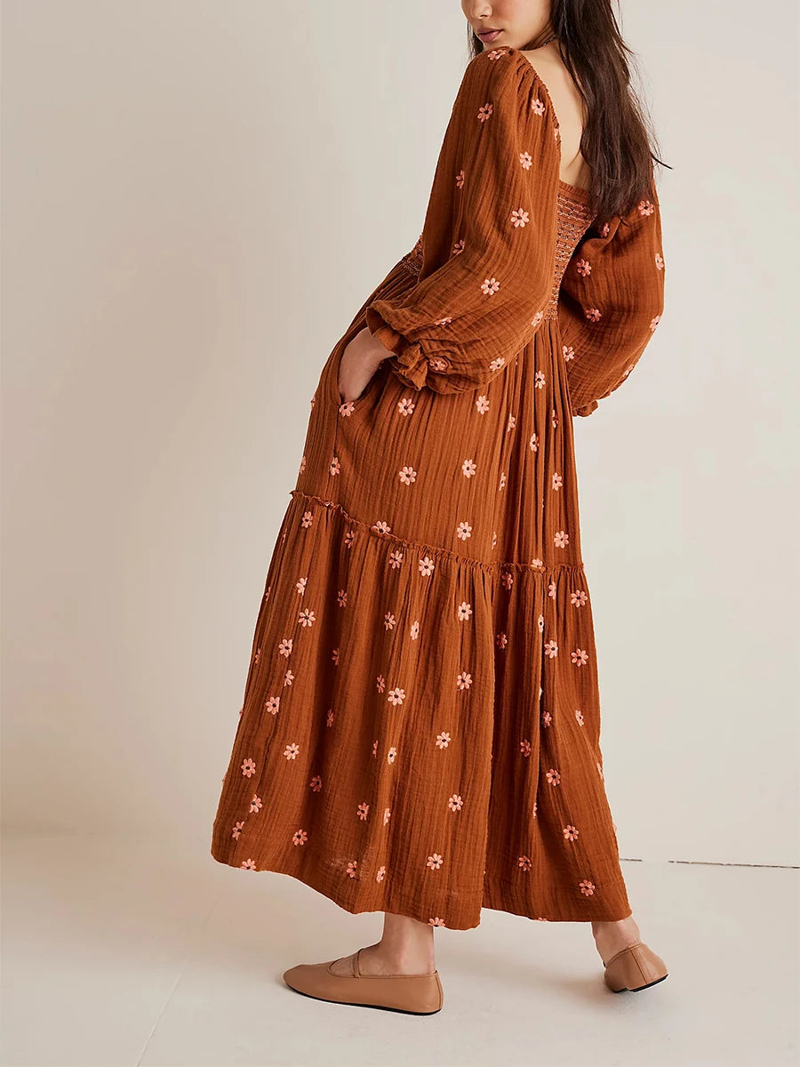 Relaxed Tops Bohemian Floral Embroidery  Square Neck  Loose Swing Long Dress with 3/4 Puff Sleeves