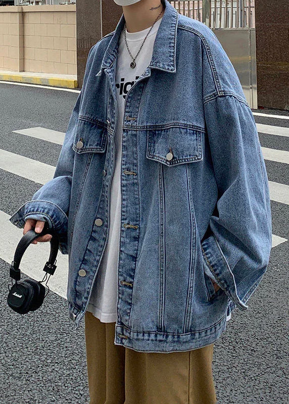 Urban Comfort New Blue Peter Pan Collar Button Pockets Denim Men Coat Spring