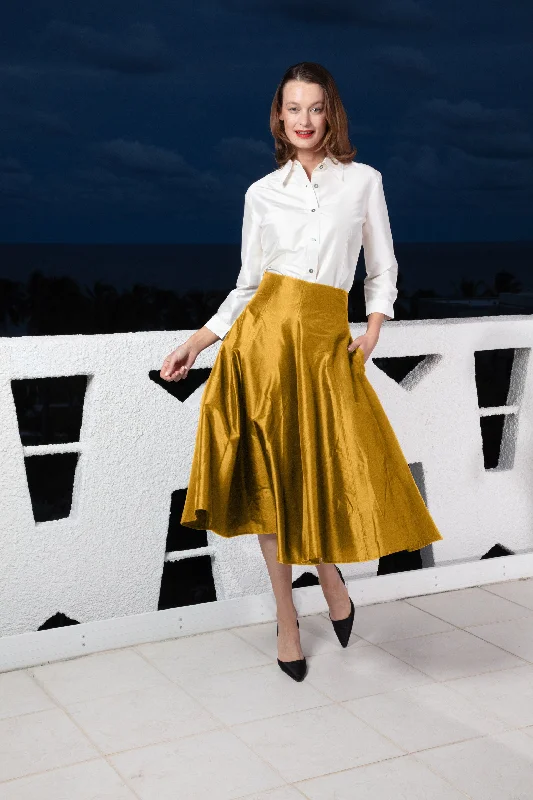 Simple Chic Mid-Calf Silk Skirt Gold Silk