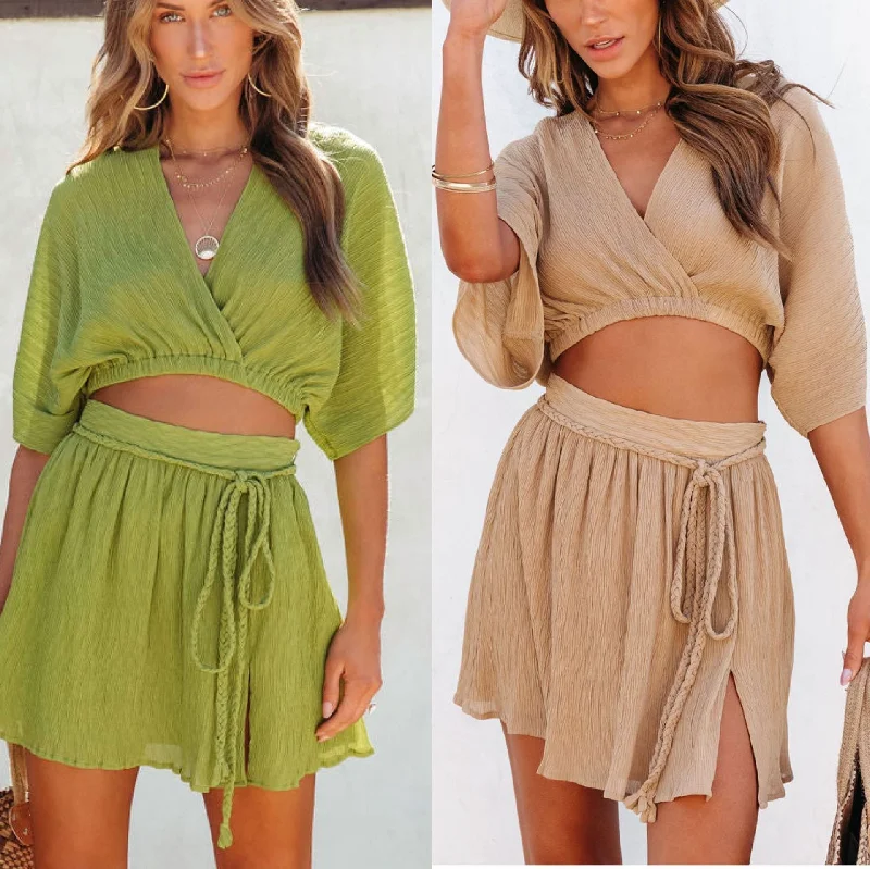 Urban Chic Sexy Backless V Neck Short Sleeves Tops & Skirts Suits