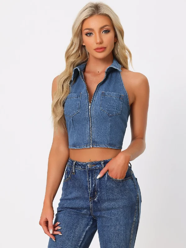 Breezy Comfort Halter Denim Zipper Up Collared Sleeveless Jean Corset Crop Top