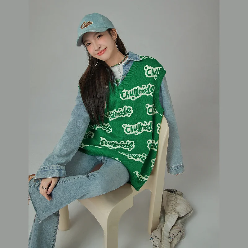 Breezy Comfort Bubble Letters V-Neck Knit Vest