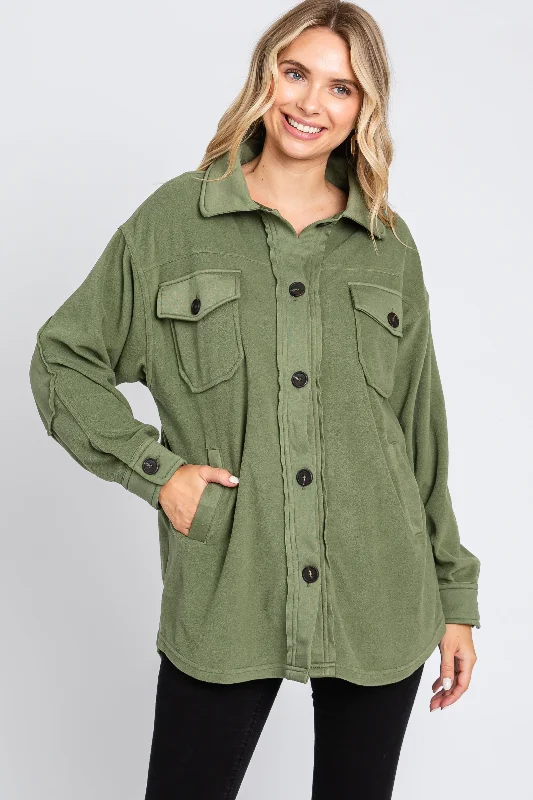 Easy Comfort Style Olive Fleece Double Front Pocket Jacket