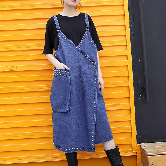 Cozy Shirts stylish denim blue Midi-length cotton dress Loose fitting cotton maxi dress Fine rivet decorated sleeveless knee dresses Cozy Shirts stylish denim blue Midi-length cotton dress Loose fitting cotton maxi dress Fine rivet decorated sleeveless knee dresses