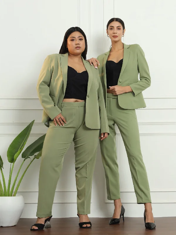 Easy Style Notched Collar  Pant Suit - Olive Green
