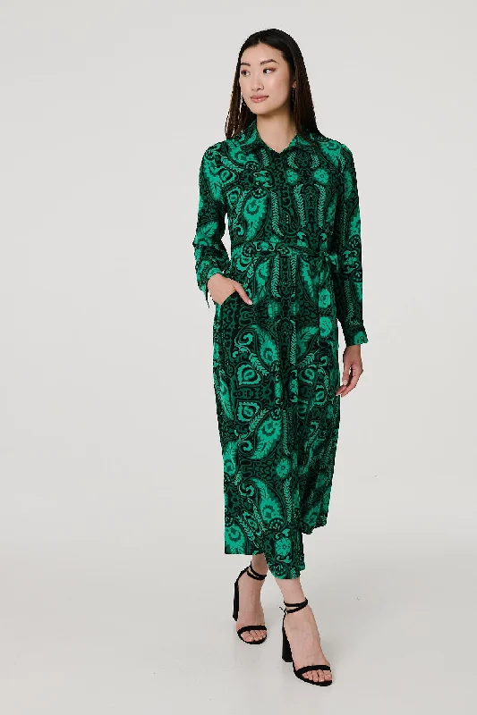 Comfy Chic Wear Paisley Long Sleeve Midi Shirt Dress