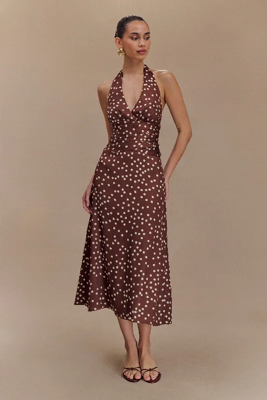 Simple Comfort Marguerite Satin Halter Midi Dress - Brown Polka Dot Print