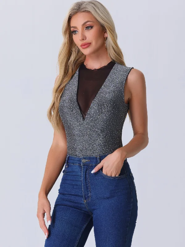 Soft Comfort Sleeveless Mesh Patchwork Glitter Party Club Sparkly Tops