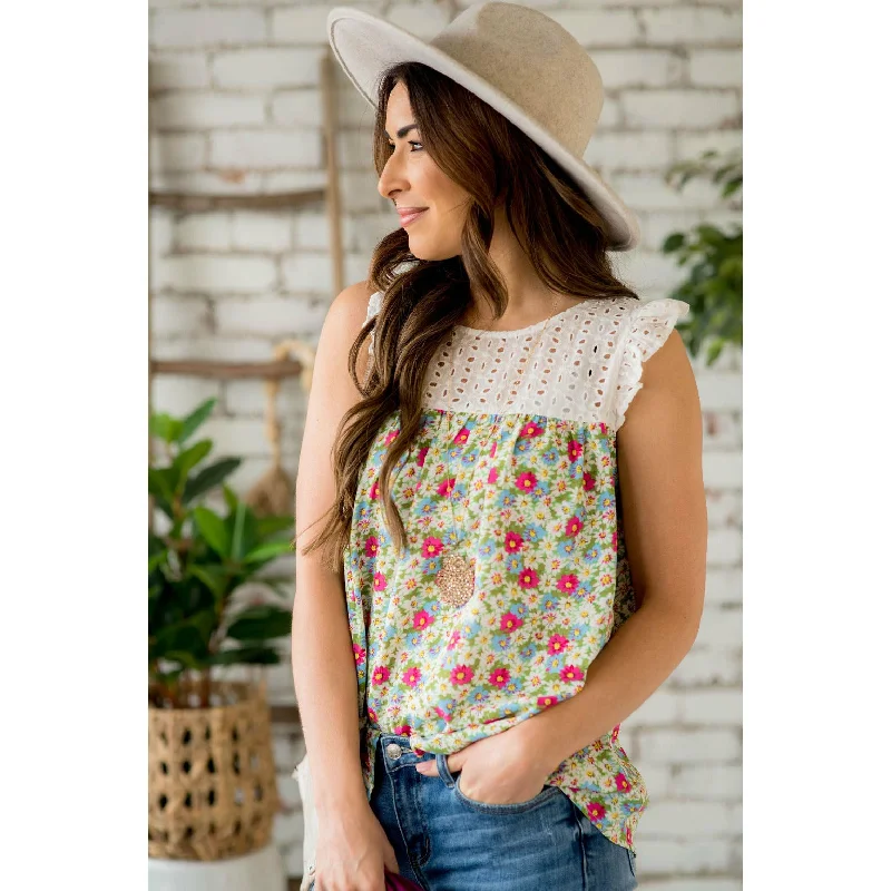 Simple Chic Eyelet Floral Ruffle Tank