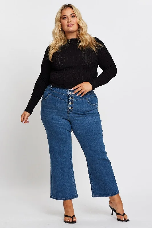 Comfortable Jackets Blue High Rise 4 Buttons Wide Leg Denim Jeans