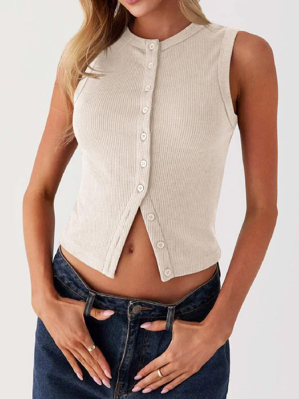 Comfortable Jackets Lovelet Button Up Round Neck Tank