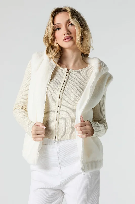 Layered Comfort Faux Fur Hooded Vest