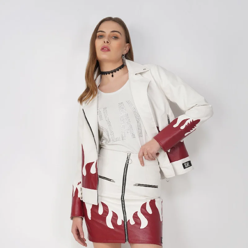 Comfy Chic Wear SLAY. Faux Leather Flames Jacket White & Red