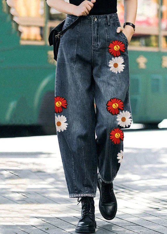 Relaxed Fashion Style Navy-Floral High Waist Pockets Harem Casual Fall Denim  Pants