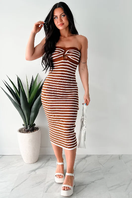 Relaxed Fashion Taking A Moment For Me Ribbed Sweater Knit Midi Dress (Camel/White)