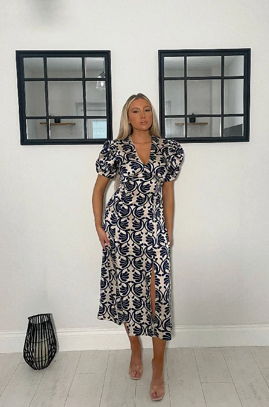 Soft Knitwear AX Paris Stone and Navy Printed Short Puff Sleeve V Neck Midi Dress