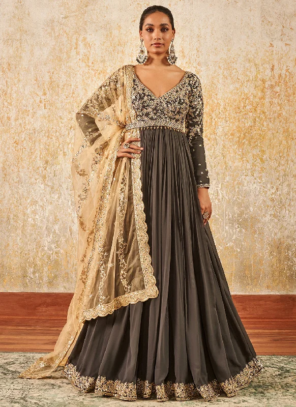 Relaxed Fit Wear Dark Grey Embroidered Anarkali