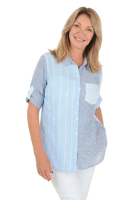 Versatile Outfits Colorblock Striped Cotton Roll Sleeve Shirt