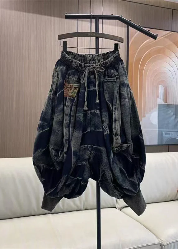 Comfortable Jeans Stylish Blue Wrinkled Elastic Waist Denim Lantern Pants Spring