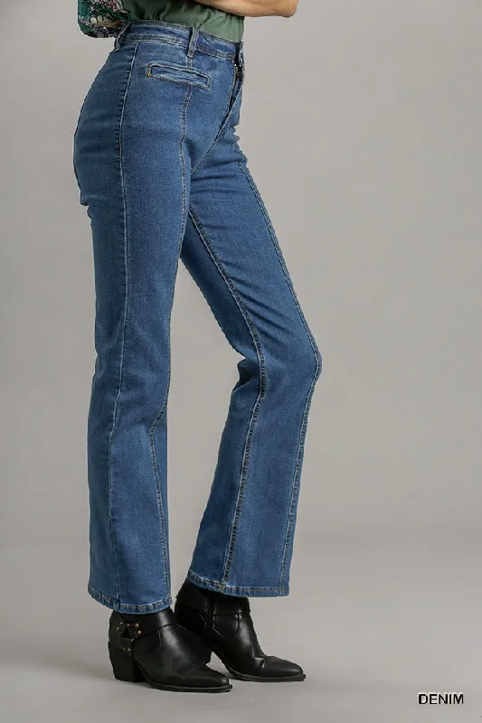 Simple Style Panel Straight Cut Denim Jeans With Pockets