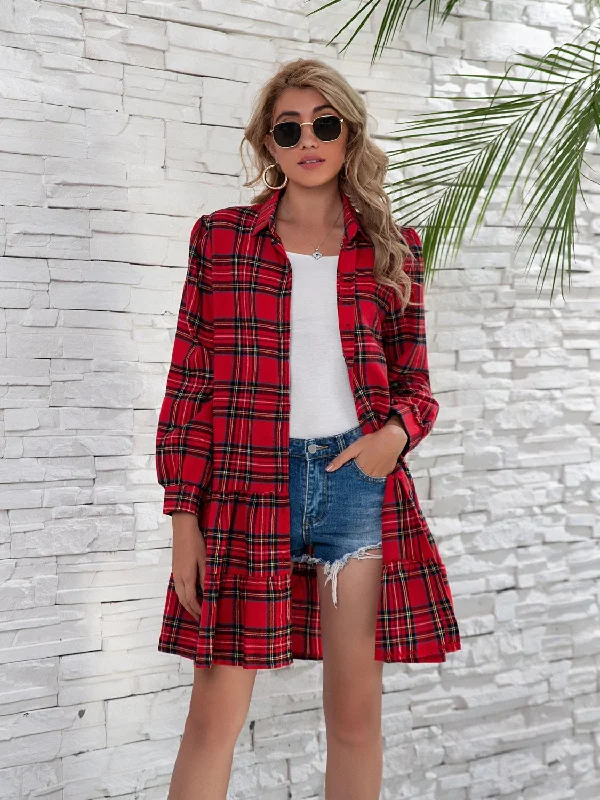 Sporty Comfort Shirt Style Checkered Plaid Button Down  Ruffle Hem  Dress with  Long Sleeve
