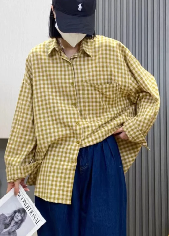 Modern Chic Loose Yellow Button Peter Pan Collar Plaid Cotton Shirt Tops Long Sleeve Modern Chic Loose Yellow Button Peter Pan Collar Plaid Cotton Shirt Tops Long Sleeve