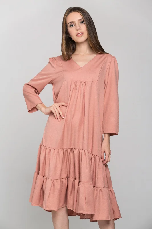 Comfortable Looks Pecan Flounced Panel Midi Dress