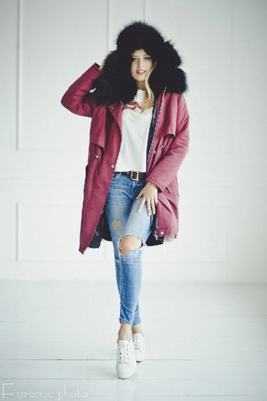 Soft Clothing Raccoon Fur Parka Coat (Bordeaux)