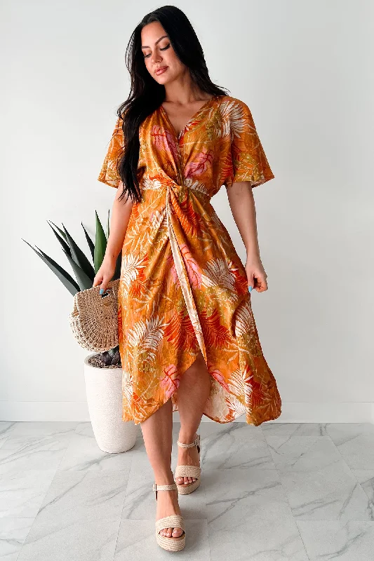 Versatile Outfits Slow Down & Smell The Roses Tropical Print Midi Dress (Mustard/Multi)