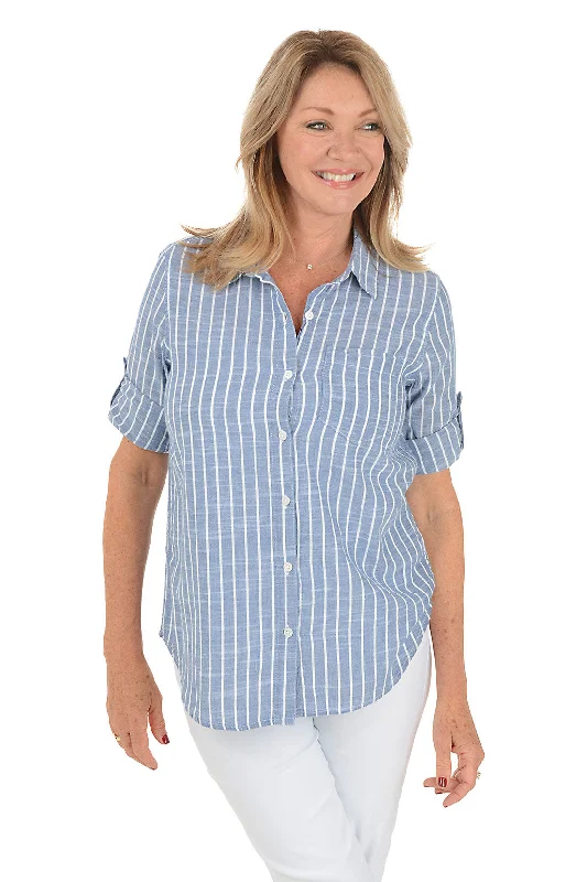 Relaxed Fashion Indigo Striped Cotton Roll Sleeve Shirt