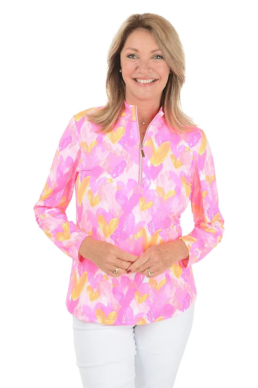 Chic Comfort Pink Brushstroke Hearts Cooling UPF50+ Mock Neck Top